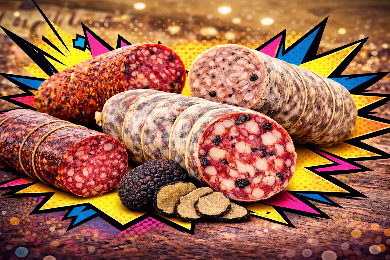 Promotion of salami in Norcia, Laudani Norcia butcher's shop